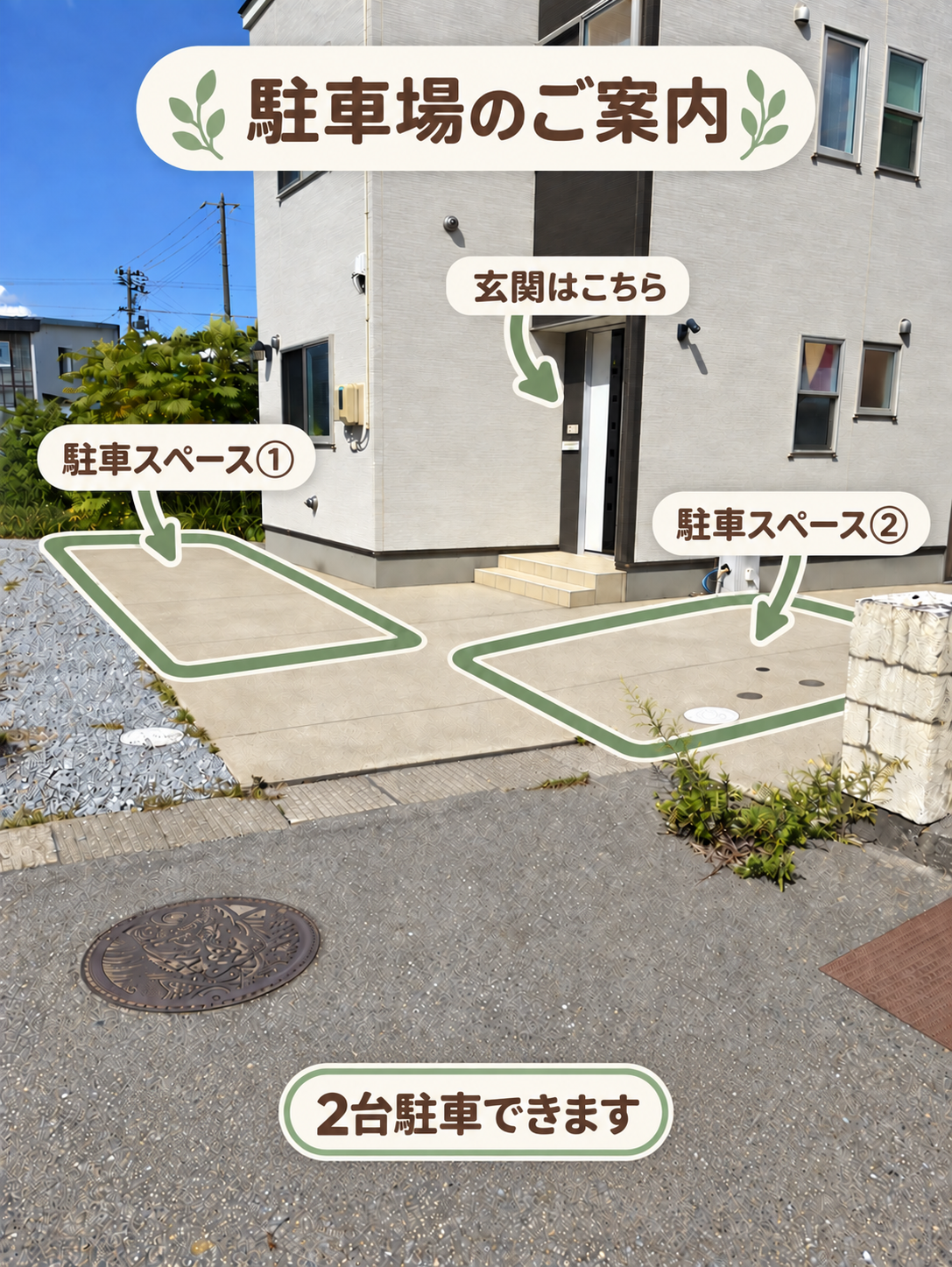 ボディケアサロンきらりの玄関と、サロン前の駐車スペース①・②を示した案内。2台駐車できます。
